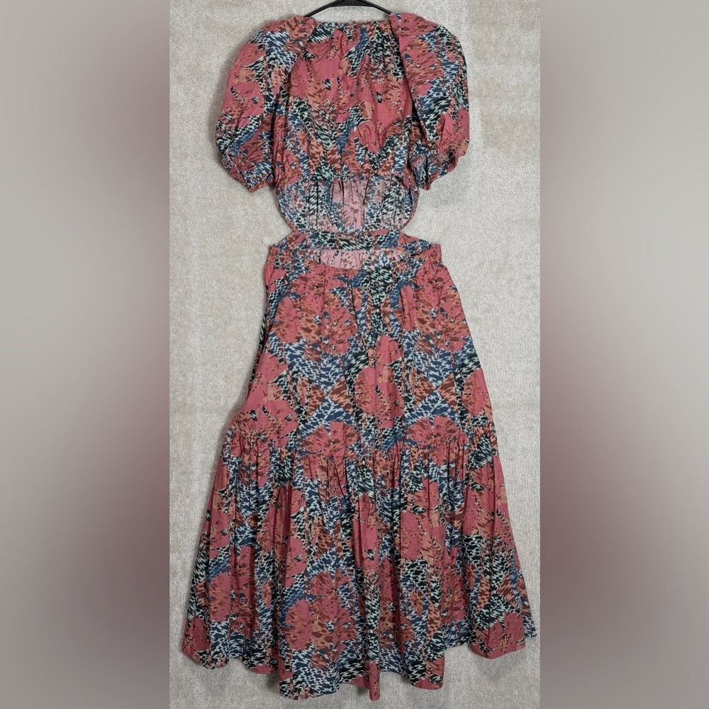 Ulla Johnson Coral and Blue Asymmetrical Floral Midi Dress - Picture 7 of 16